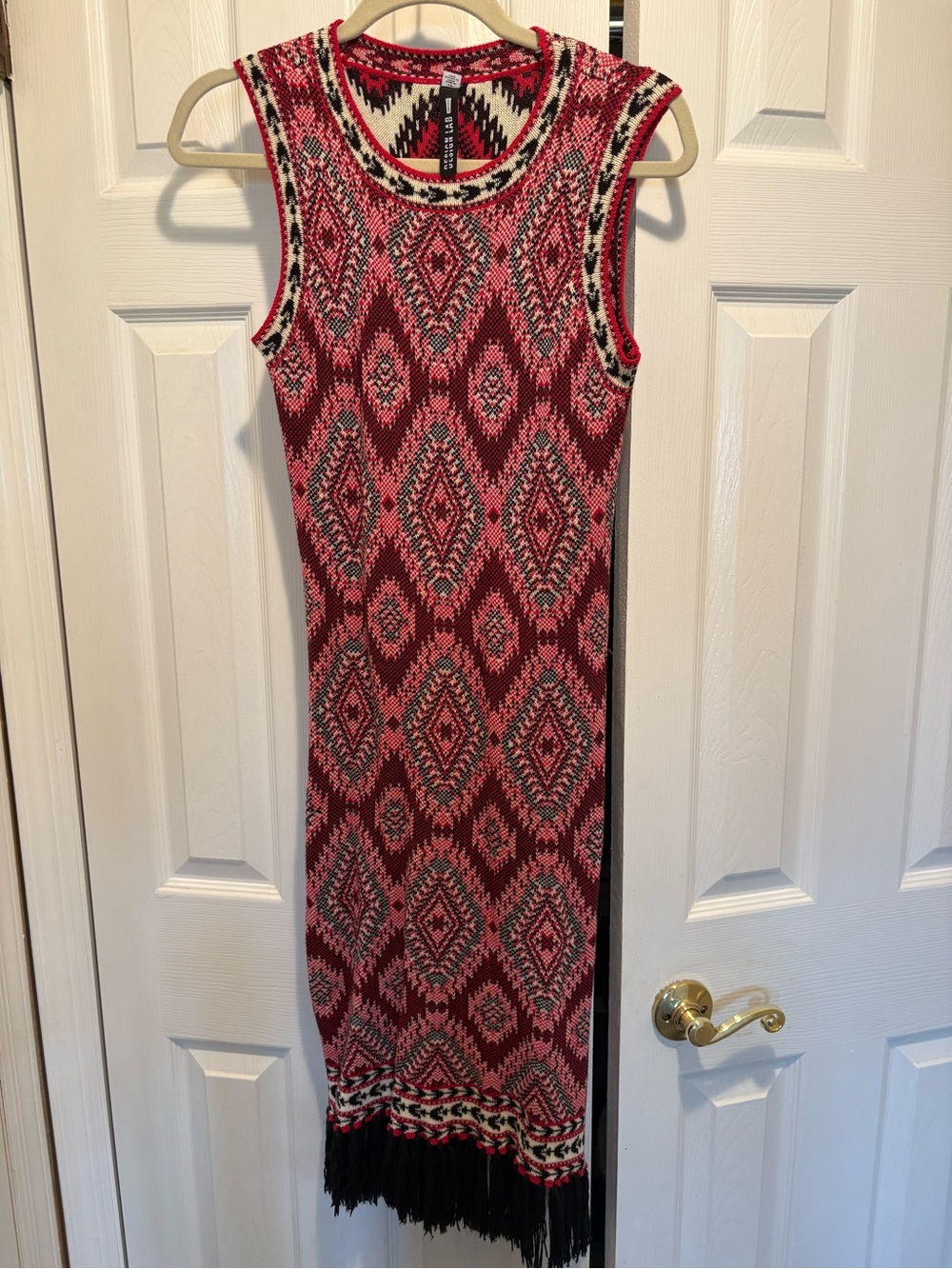 Lord & Taylor Red Geometric Sleeveless knit Dress with Black Fringe
